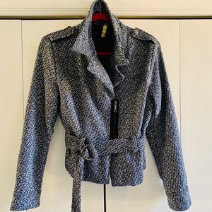 P2 Brand Blue Tweed Belted Bomber Jacket Size L